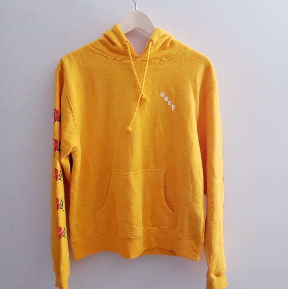 Obey Sweaters - Obey- Yellow hoodie with sleeve red roses print details